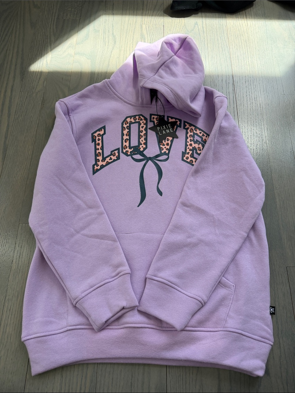 Lavender 'LOVE' Graphic Hoodie with Leopard Print Accents, pixeielane NWT 11/12